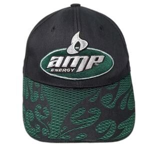 Amp Energy Baseball Cap Black Green OS Hat Embroidered Flame Brim Strapback